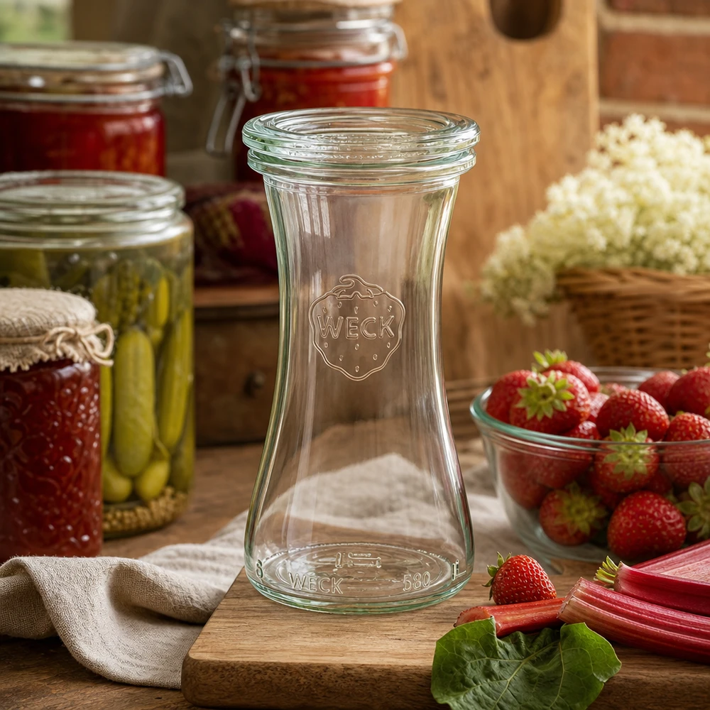 WECK Pot d'épicerie fine 100ml RR40 dans une cuisine rustique avec des bocaux et des fraises fraîches en décoration