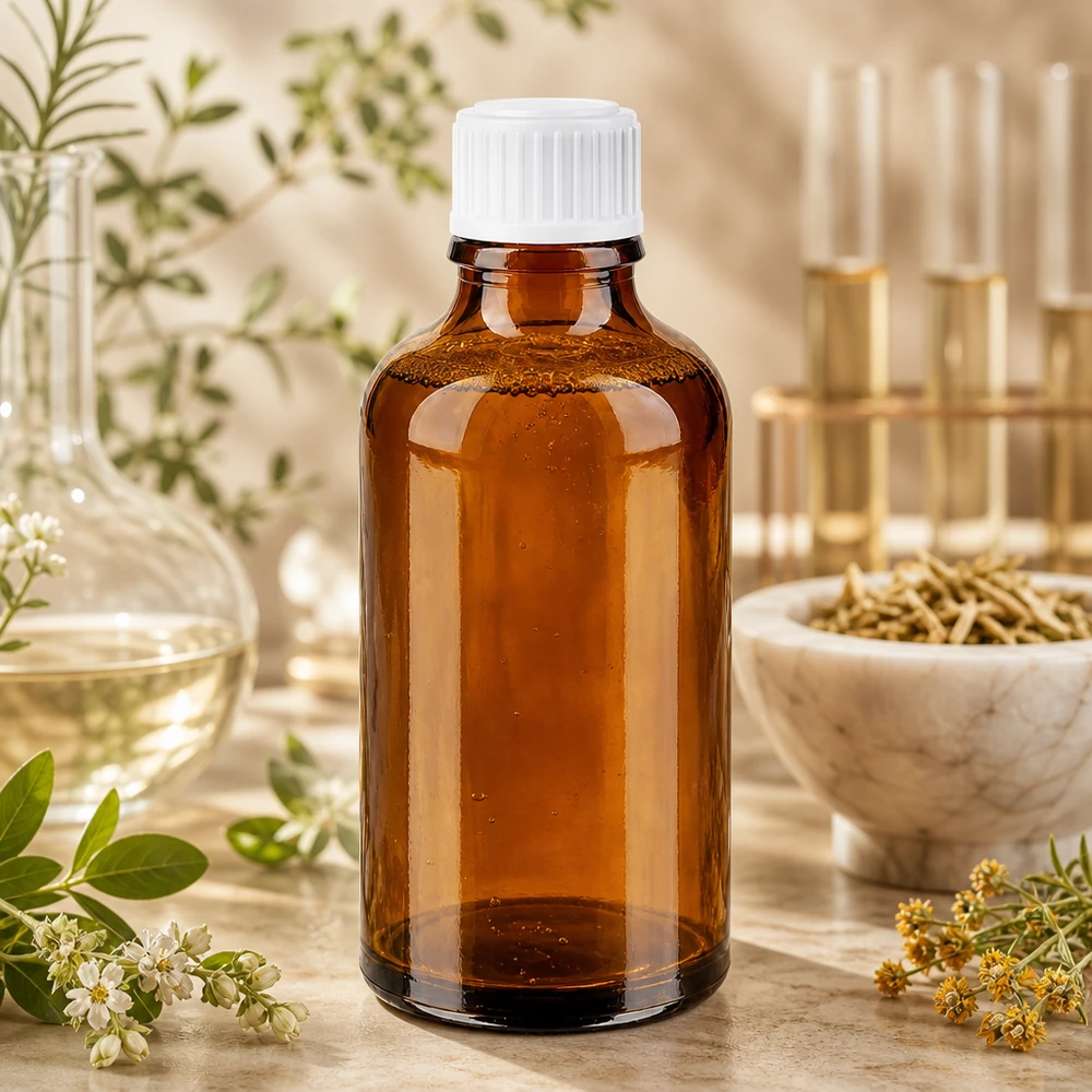 Flacon de pharmacie brun 50ml bouchon à vis blanc Petite bouteille en verre brun de 50 ml avec bouchon blanc, destinée à la médecine naturelle et à la phytothérapie