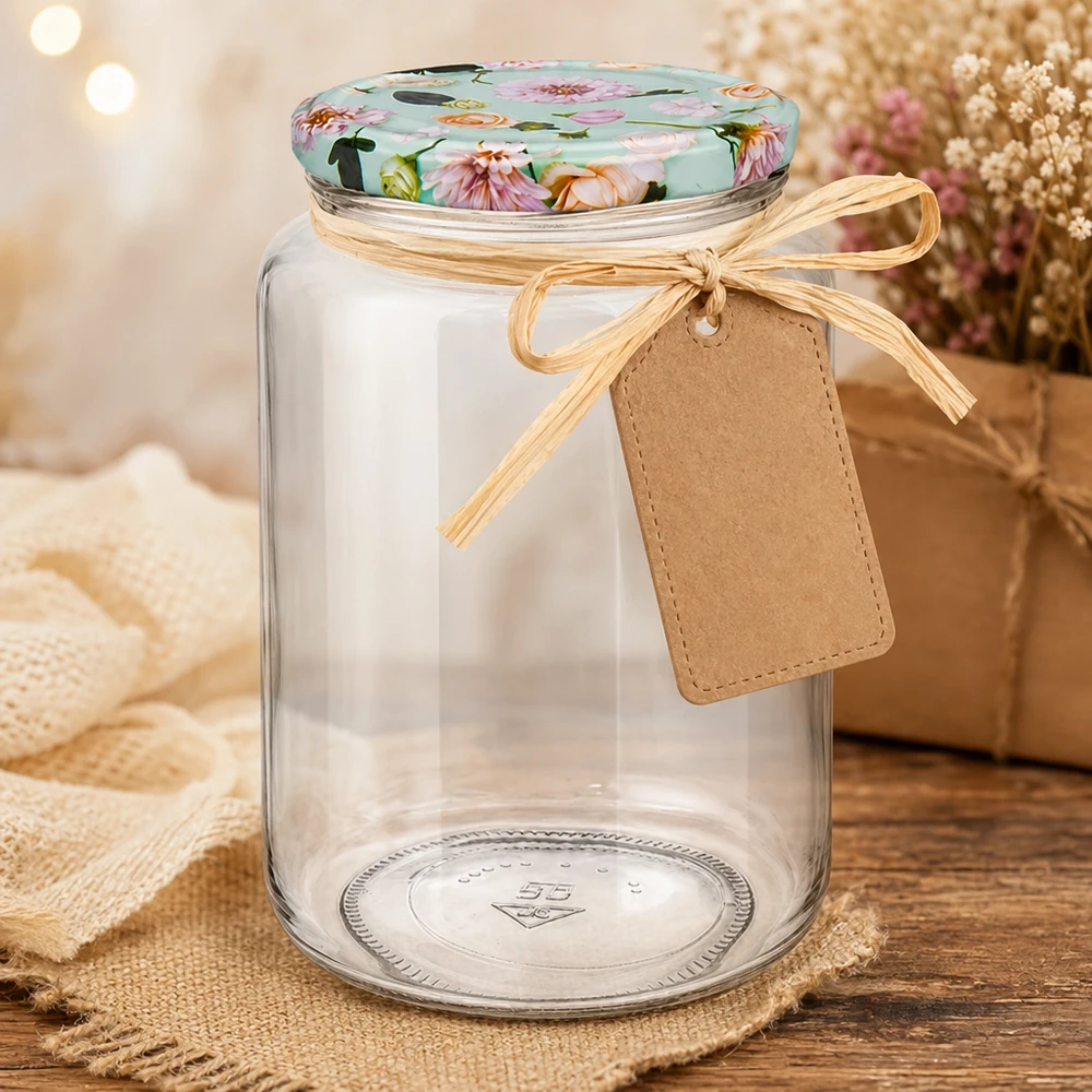 795ml verre rond avec ruban et pendentif comme cadeau, couvercle à fleurs menthe pour des idées de cadeaux créatives DIY