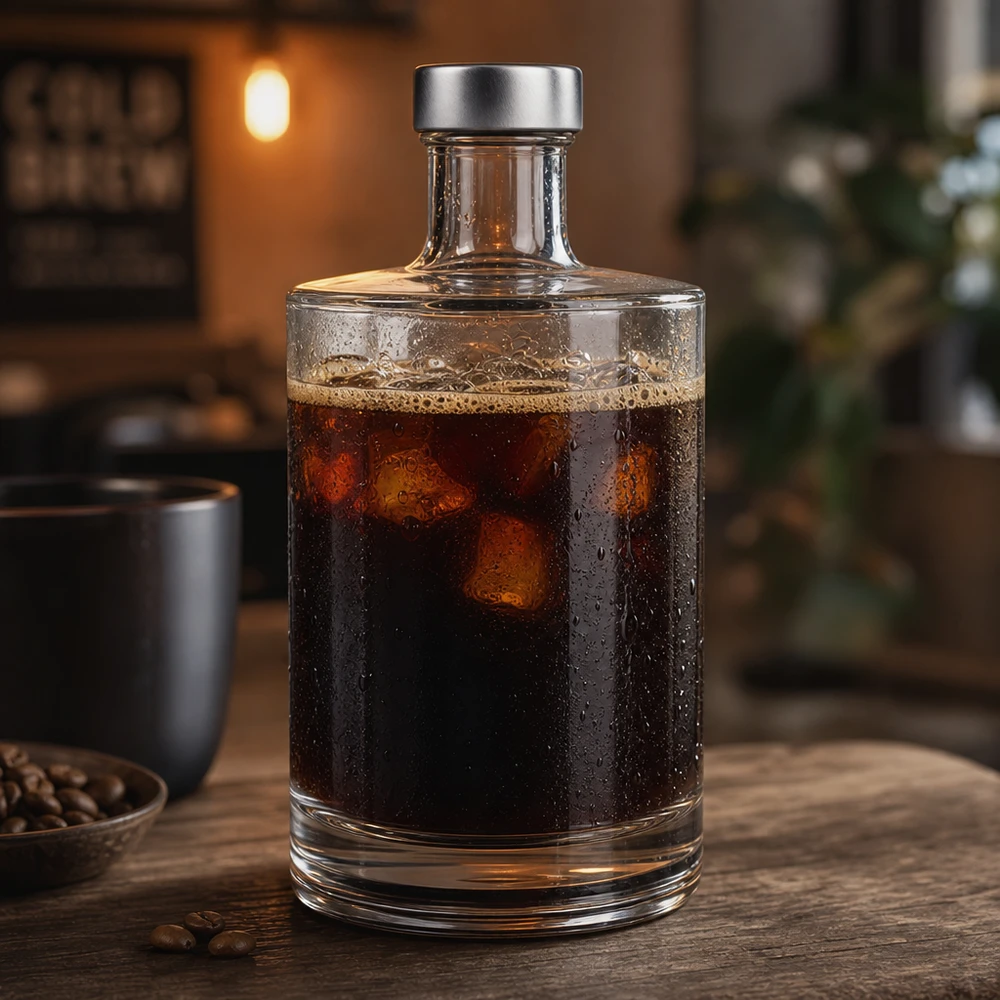 Bouteille en verre de 500ml Sam remplie de café Cold Brew sur une table en bois à côté de grains de café atmosphère de café confortable