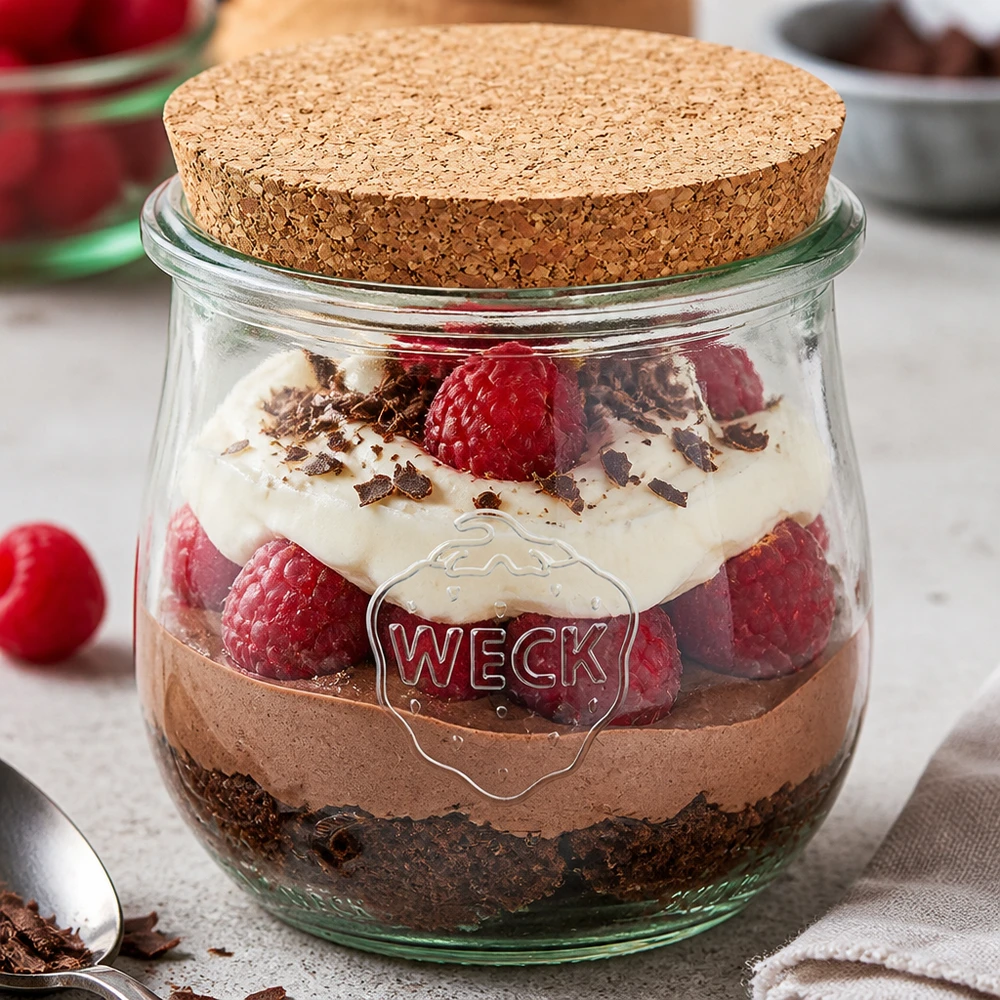 WECK Pot 370ml RR80 avec couvercle en liège comme pot à dessert pour dessert en couches avec chocolat crème et framboises