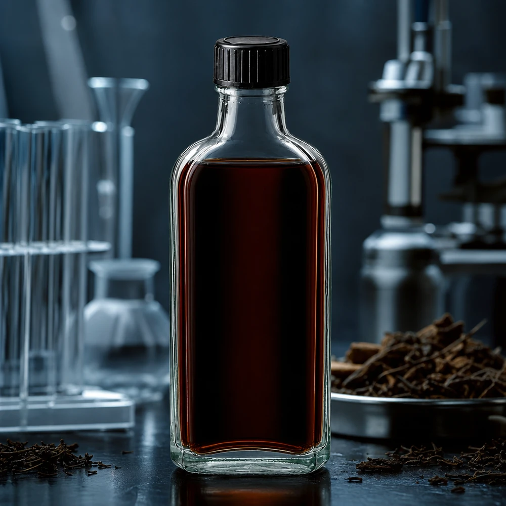 Flasque transparente de 100 ml au goulot DIN 22, avec bouchon à vis DIN 22 noir et joint LKD Flacon Meplat transparent de 100 ml avec bouchon à vis noir, à côté d'appareils de laboratoire et d'herbes aromatiques