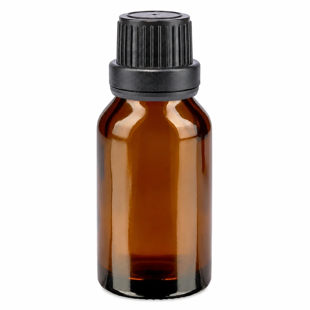 Flacon en verre brun de 30 ml avec bouchon de sécurité noir de 11 mm, destiné à l'usage pharmaceutique