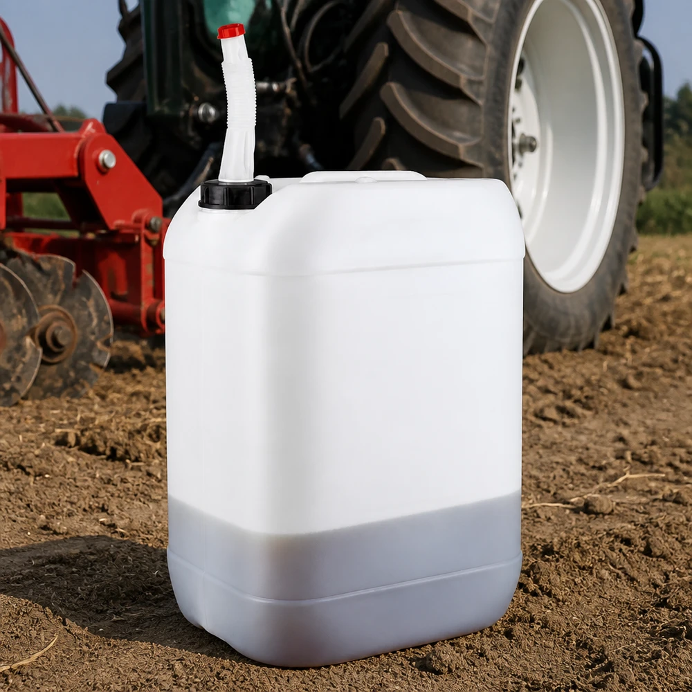 Bidon 25 litres avec tuyau d'écoulement Flex Bidon agricole robuste de 25 litres avec tuyau flexible, destiné aux produits phytosanitaires utilisés au champ