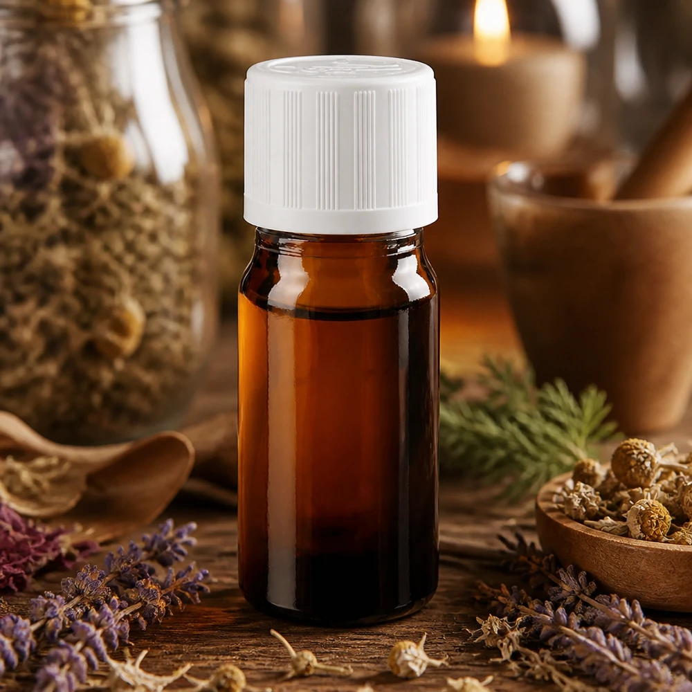 Flacon de pharmacie brun 5ml bouchon vissable blanc sécurité enfant standard Flacon en verre ambré avec protection UV, 5 ml, muni d'un bouchon KiSi blanc, pour la conservation des cosmétiques naturels