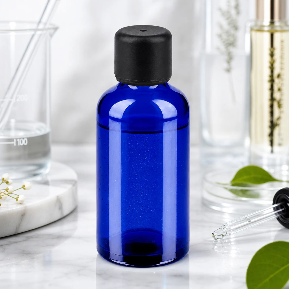 Flacon 50ml 6mm SV noir STD BlueLine UT18/50 Elégant flacon en verre bleu de 50ml idéal pour les mélanges cosmétiques DIY et les produits de soin faits maison