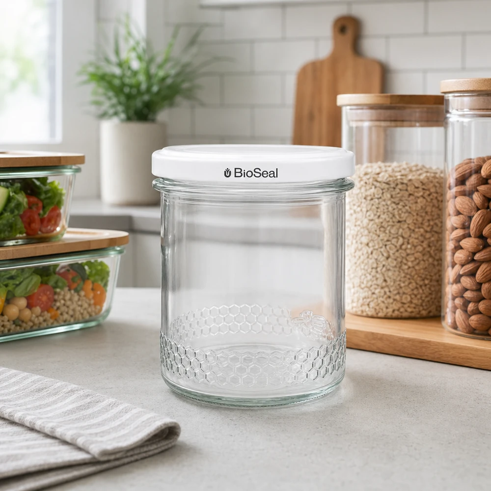 Pot à miel vide de 400 ml avec couvercle blanc BioSeal dans la cuisine moderne à côté des bocaux à provisions montre une conservation polyvalente