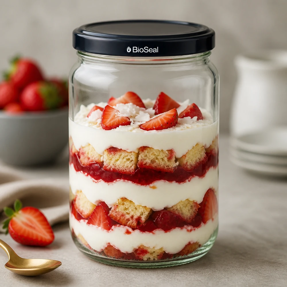 305ml Verre rond avec couvercle BioSeal noir UNiTWIST UNiTWIST Runda305 Verre avec trifle à couches et couvercle BioSeal noir rempli de fraises et de crème pour le dessert
