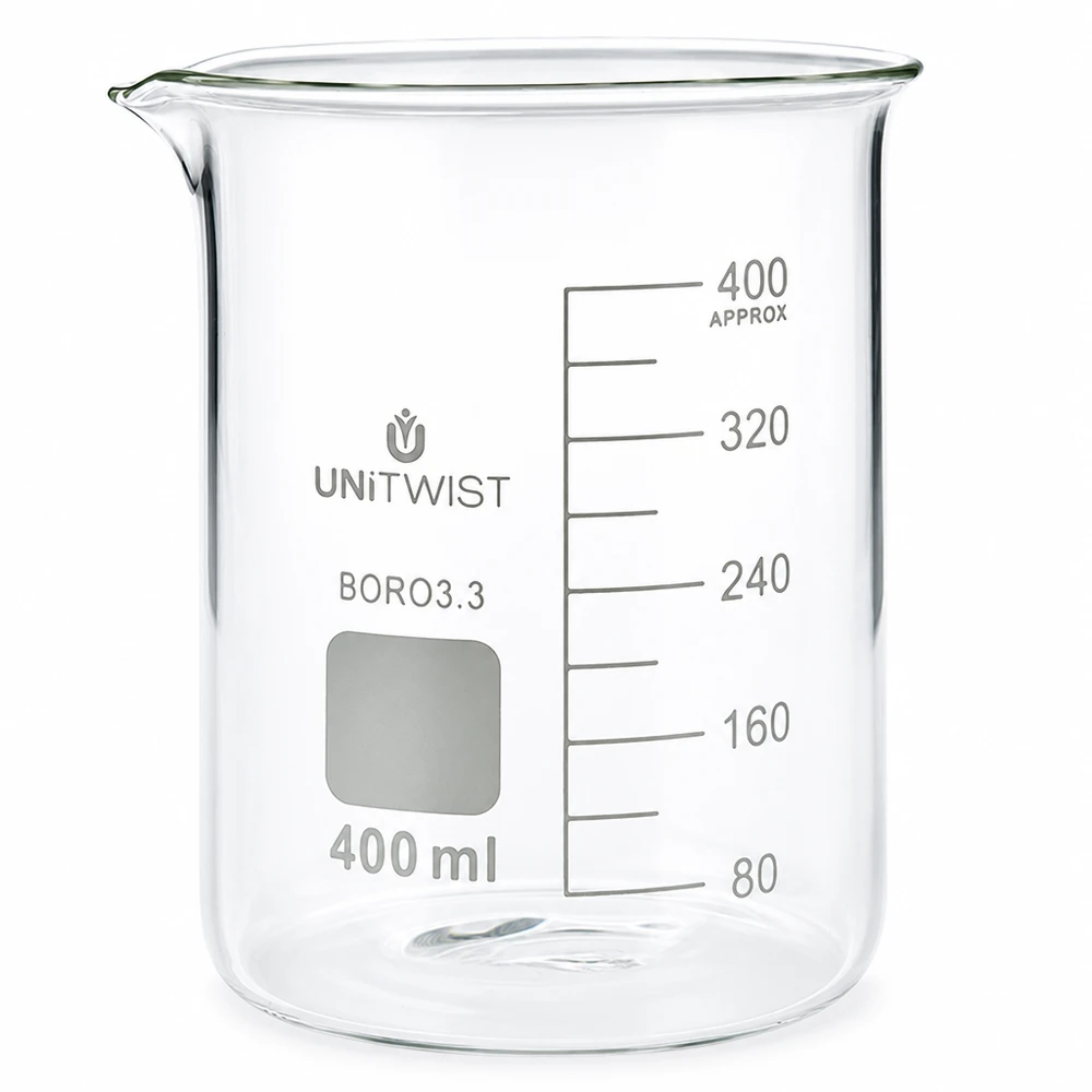 Beker 400ml borosilicaat, lage vorm UNiTWIST Verre à bec transparent de 400 ml, de forme basse, avec graduation en ml blanche et espace pour l'étiquetage