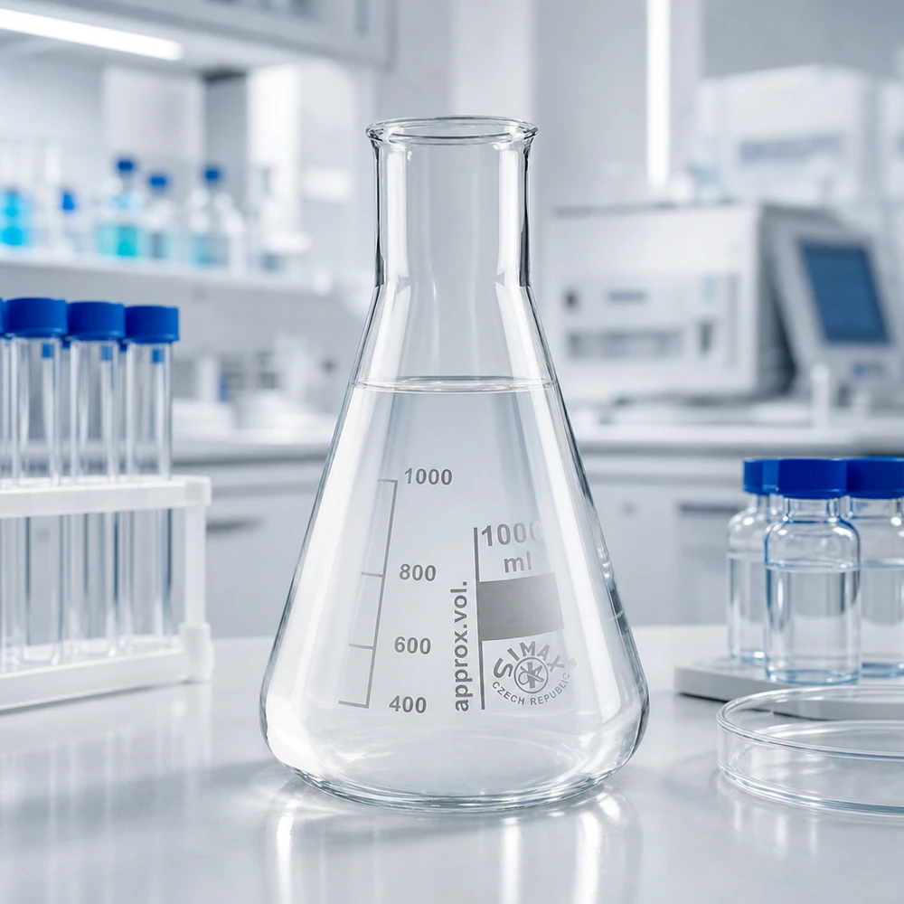 Erlenmeyer 100ml col large, verre borosilicate Erlenmeyer 100ml col large avec forme de gobelet ergonomique pour une manipulation sûre en laboratoire