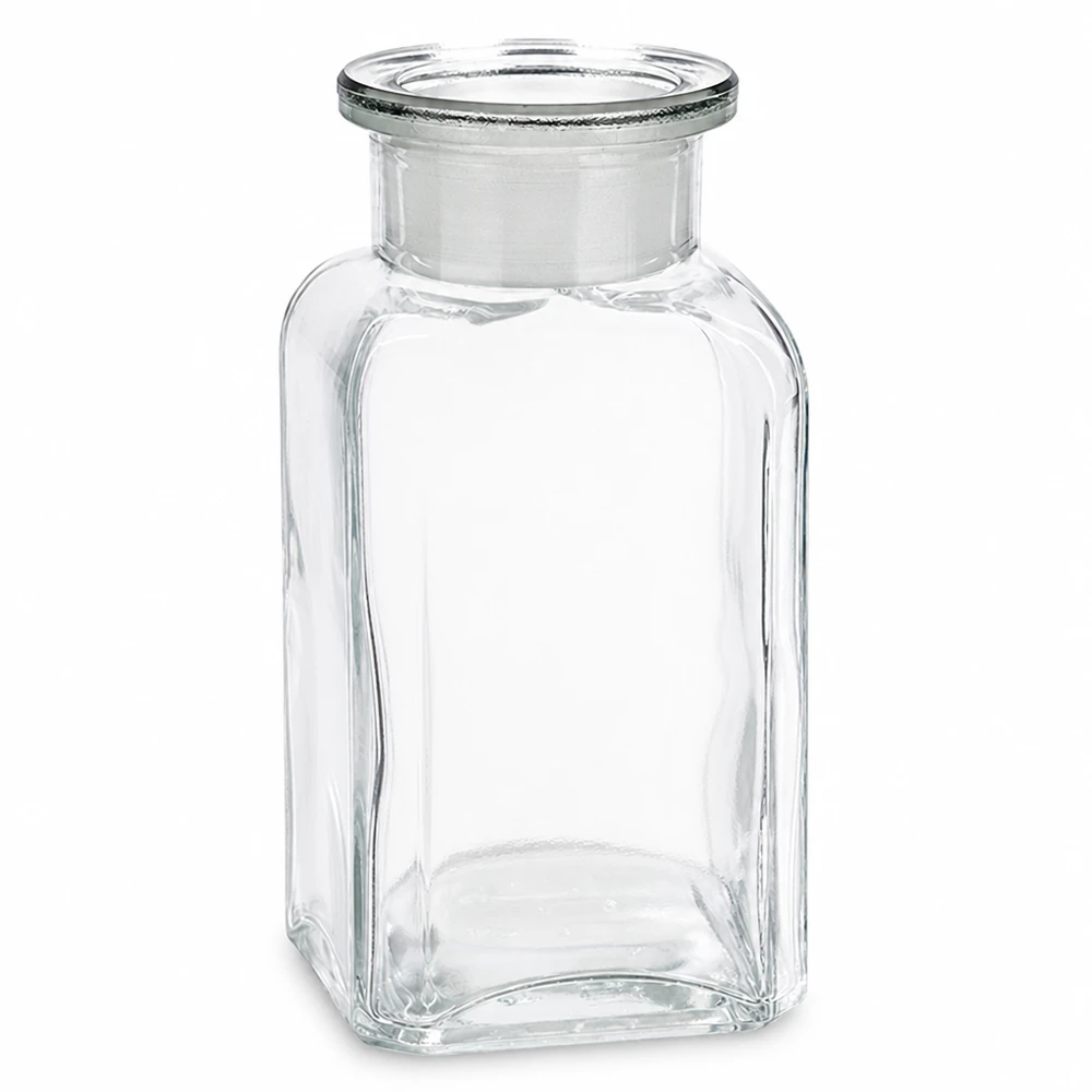 Flacon carré col large 100 ml + bouchon RIN, verre clair Petit flacon de laboratoire carré, transparent, d'une contenance de 100 ml, muni d'un bouchon en verre pour le fermer