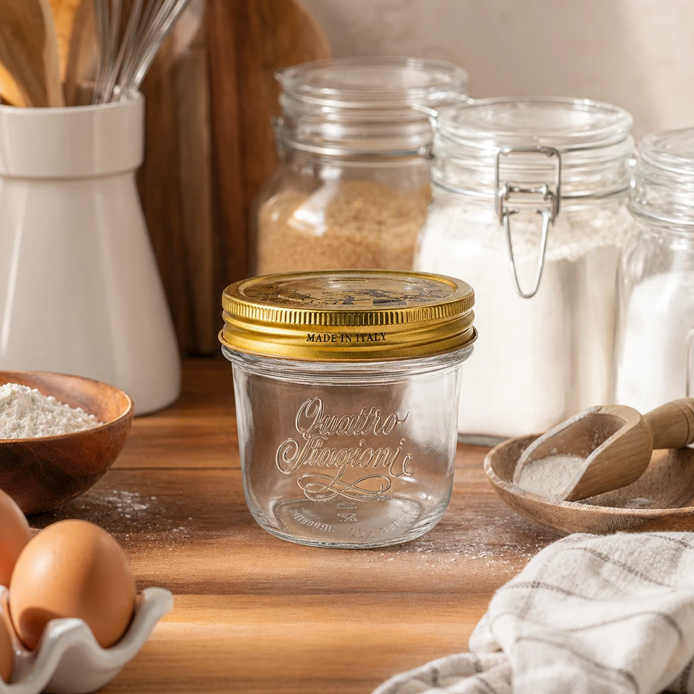 200ml Quattro Stagioni Verre renversé avec couvercle doré sur planche en bois à côté de la farine Œufs et ustensiles de cuisine Made in Italy