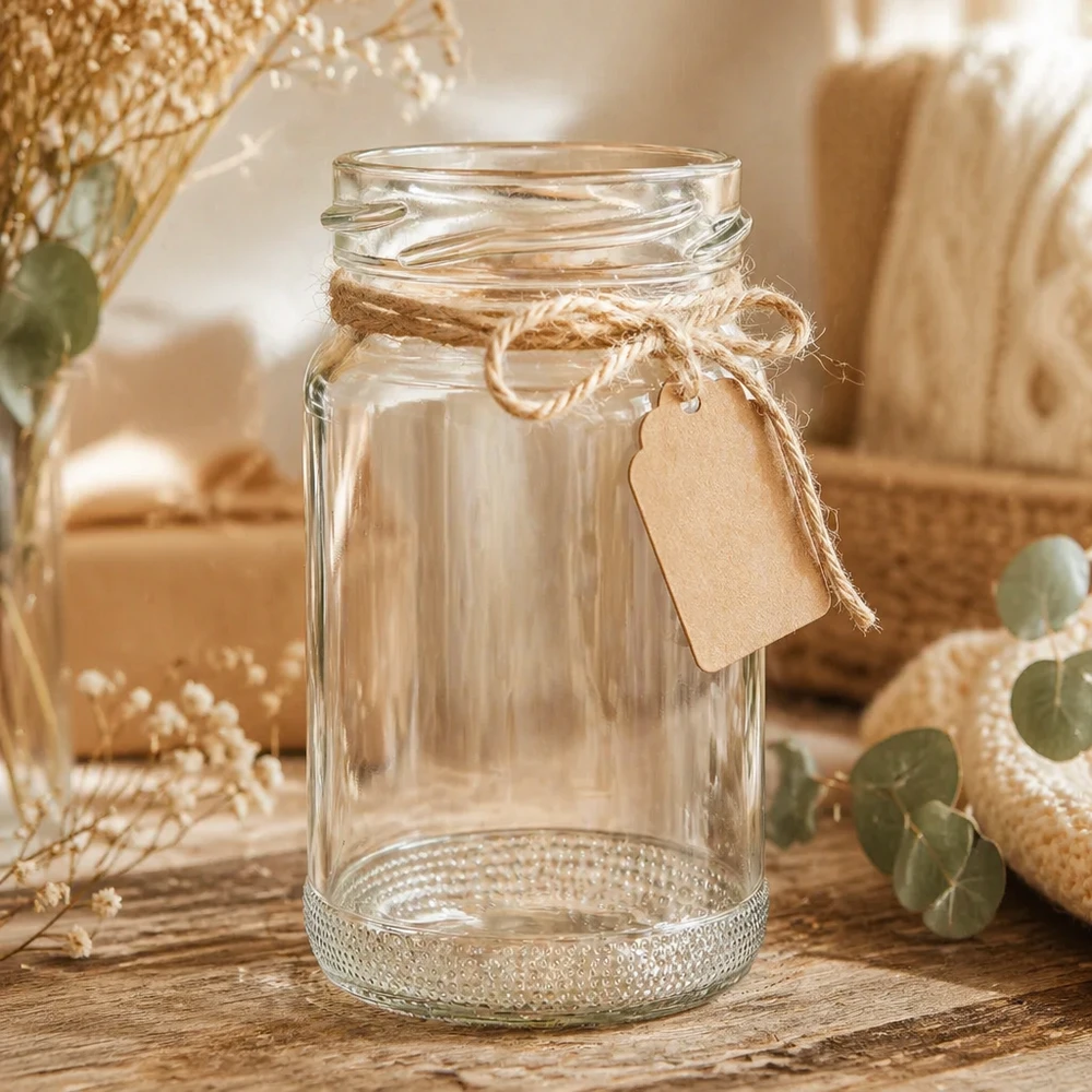 110ml Verre rond sans couvercle (TO48) UNiTWIST UNiTWIST Runda110 Pot rond 110ml TO48 Pot de conservation décoré avec une corde de jute et un pendentif sur une table en bois