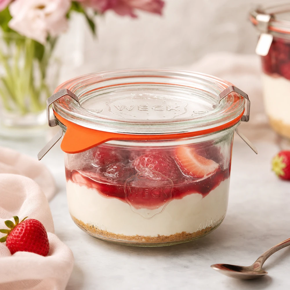 200ml bocal conique complet WECK RR80 WECK Verre renversé 200ml RR80 rempli de dessert à la fraise comme verre portion pour le tiramisu et les desserts sucrés