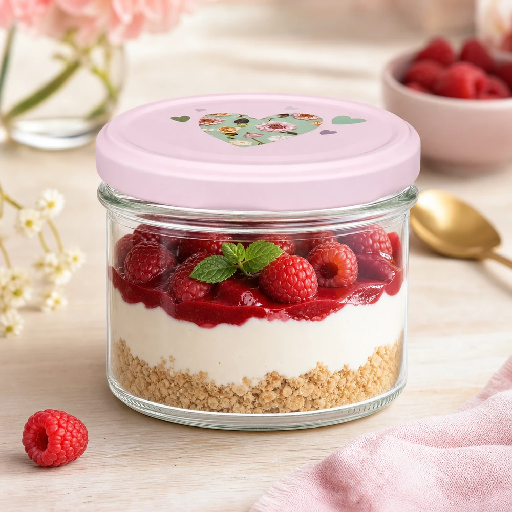 Verres de 225 ml + couvercle BasicSeal cur rose UNiTWIST Dessert stratifié aux framboises dans un verre renversé de 225 ml avec couvercle rose à cœur BasicSeal comme coupe à dessert sur une planche en bois