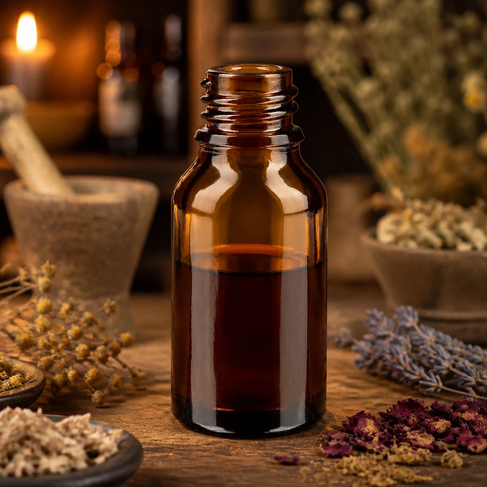 Flacon avec compte-gouttes 15 ml DIN18 - verre ambré Bouteille de pharmacie brune de 15 ml ApoGlas remplie de liquide sombre entouré d'herbes médicinales séchées et de mortier