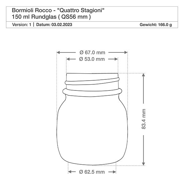 Verre rond 150ml « Quattro Stagioni » avec couvercle Verre rond 150ml Quattro Stagioni Bormioli Rocco dessin technique avec mesures et indication de poids 166g