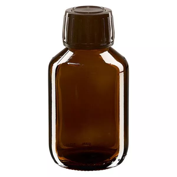 Flacon médical 100 ml couleur ambrée avec bouchon brun Flacon médical 100 ml couleur ambrée avec bouchon brun