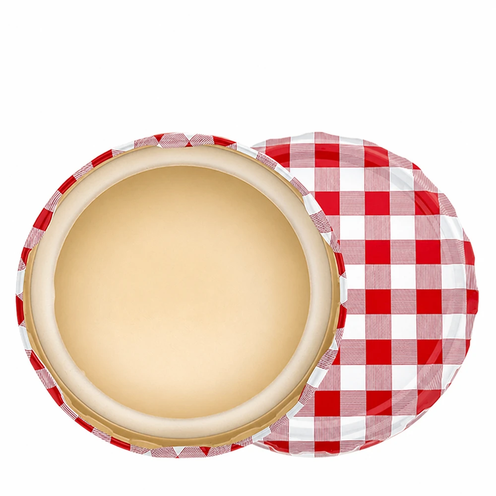 Couvercle BasicSeal 82 mm, motif carreaux rouge/blanc (TO82) UNiTWIST Intérieur du couvercle de conserve BasicSeal TO82, 82 mm, avec bord d'étanchéité jaune doré à motif à carreaux
