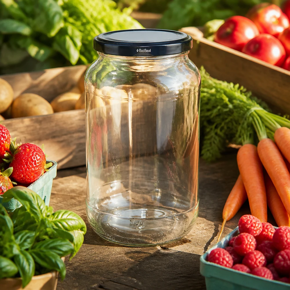 UNiTWIST Bocal rond 1062 avec couvercle noir TO82 BioSeal entouré de légumes frais fruits conservation des aliments