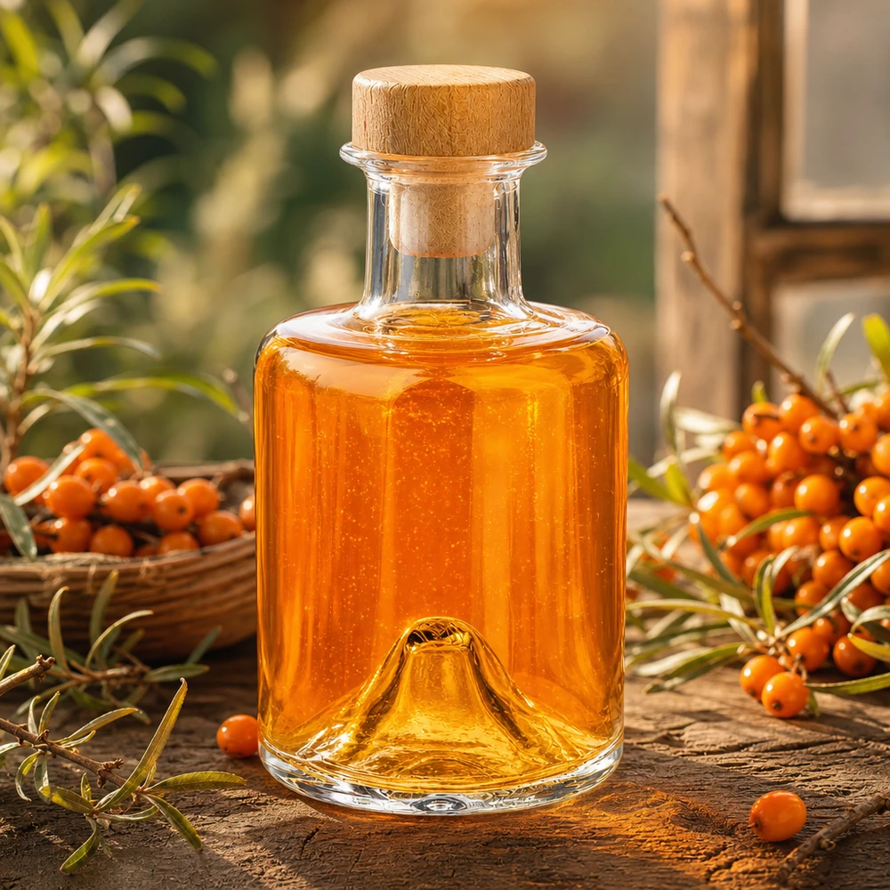 Flacon à pharmacie « Sofia » 200 ml avec bouchon en bois UNiTWIST® Bouteille en verre Sofia de 200 ml avec bouchon en bois remplie d'huile orange à côté de baies d'argousier sur une table en bois