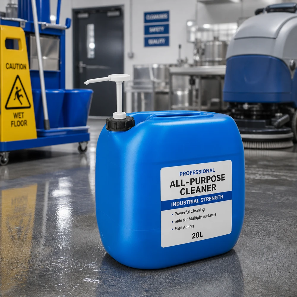 Bidon de 30 litres bleu avec pompe doseuse Bidon bleu de 30 litres contenant un liquide, équipé d'une pompe doseuse, à côté d'un panneau d'avertissement et d'une machine de nettoyage des sols