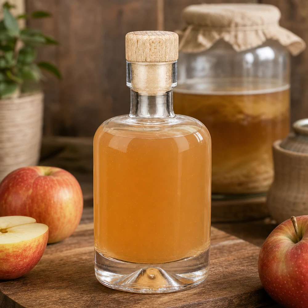 Bouteille en verre de 50 ml remplie d'eau-de-vie de pomme entre des pommes fraîches et un pot de miel, décorée de manière rustique sur une table en bois.