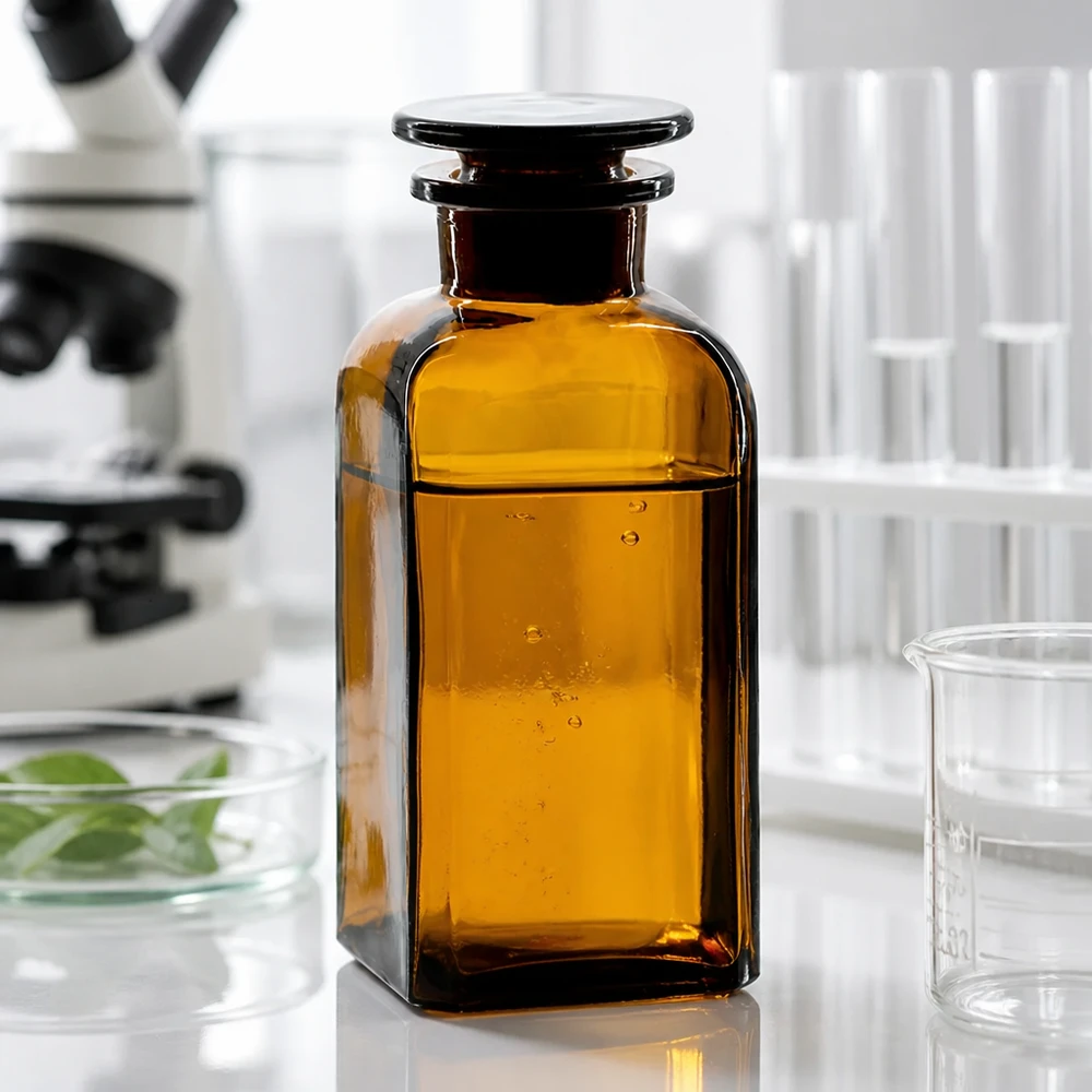 Flacon carré col large 350 ml + bouchon RIN, verre ambré Flacon pharmaceutique brun de 350 ml avec bouchon en verre et boîte de Pétri à côté d'un microscope scientifique