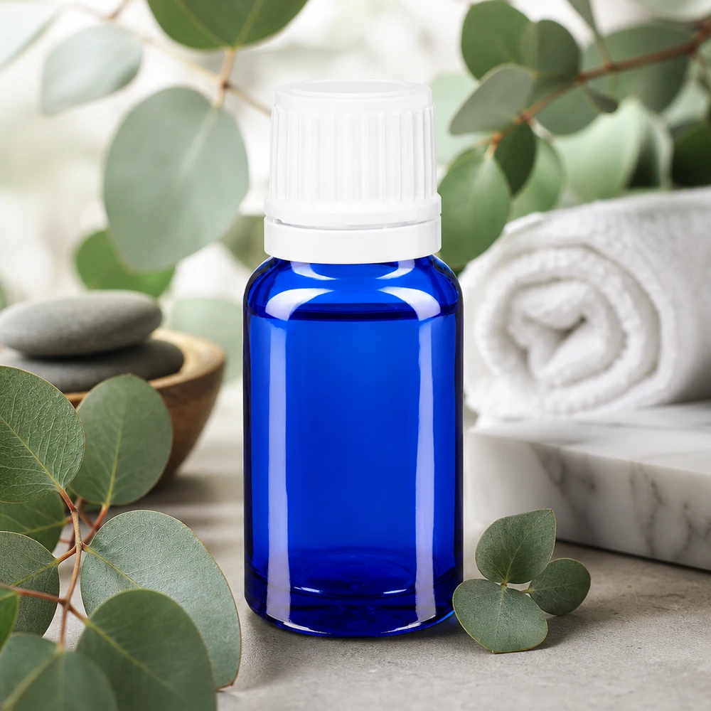 Petit flacon de pharmacie bleu en verre anti-UV, muni d'un bouchon blanc à sécurité enfant