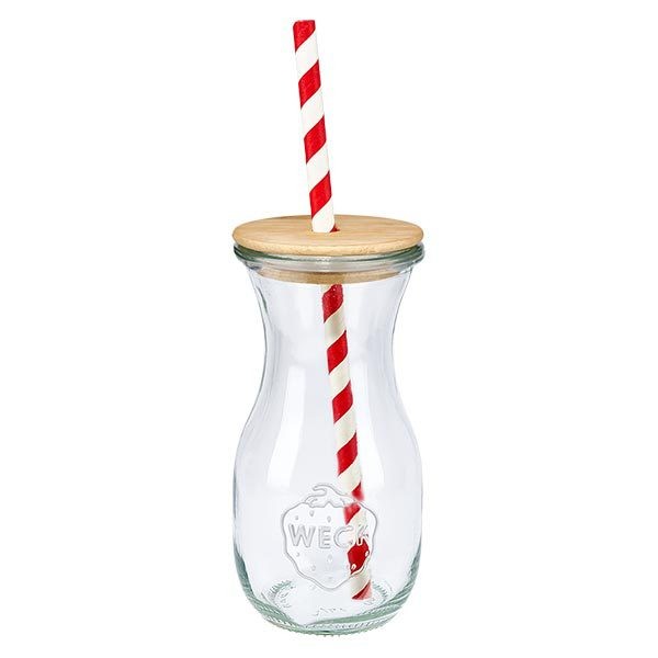 Bocal conique WECK 290 ml (1/5 L) avec couvercle WECK Gourde 290ml transparente avec couvercle en bois et paille en papier rayé rouge et blanc Vue simple
