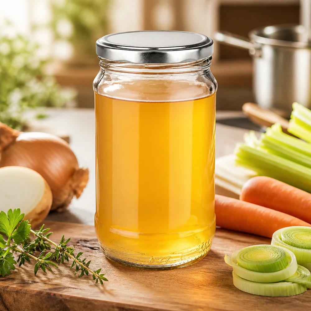 Bocal rond en verre BasicSeal argenté de 370 ml contenant un bouillon fait maison, accompagné de carottes, de céleri et d'oignons