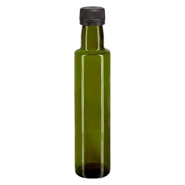 Bouteille d'huile 250 ml ronde, vert olive + capsule à vis noire (PP 31,5 mm), bague anti-gouttes et système d'inviolabilité Bouteille d'huile 250 ml ronde, vert olive + capsule à vis noire (PP 31,5 mm), bague anti-gouttes et système d'inviolabilité