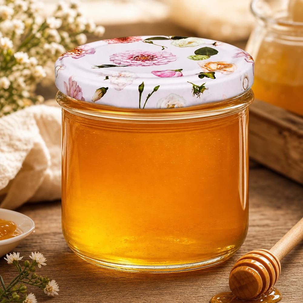 Pot en verre de 225 ml + couvercle BasicSeal rose UN... Honig im 225ml Sturzglas mit Blumendeckel und Honiglöffel - Einmachglas für süße Leckereien dekorativ präsentiert