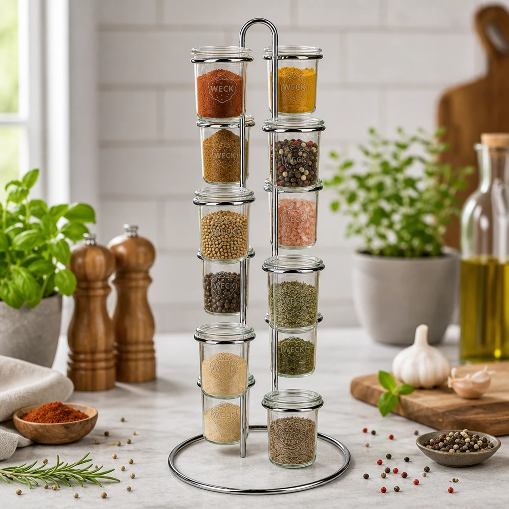 Support de service Vertico12 pour 12 bocal de verre WECK Elegante Küchenorganisation mit WECK Vertico12 Gewürzkarussell umgeben von frischen Kräutern und Kochutensilien