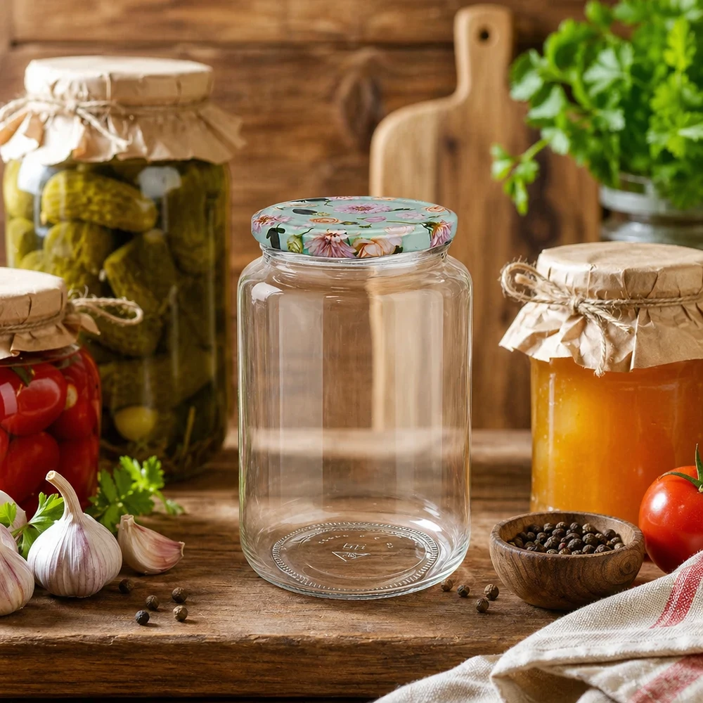 Pot rond de 795 ml avec couvercle à fleurs menthe dans une cuisine rustique, entouré de bocaux et d'herbes fraîches
