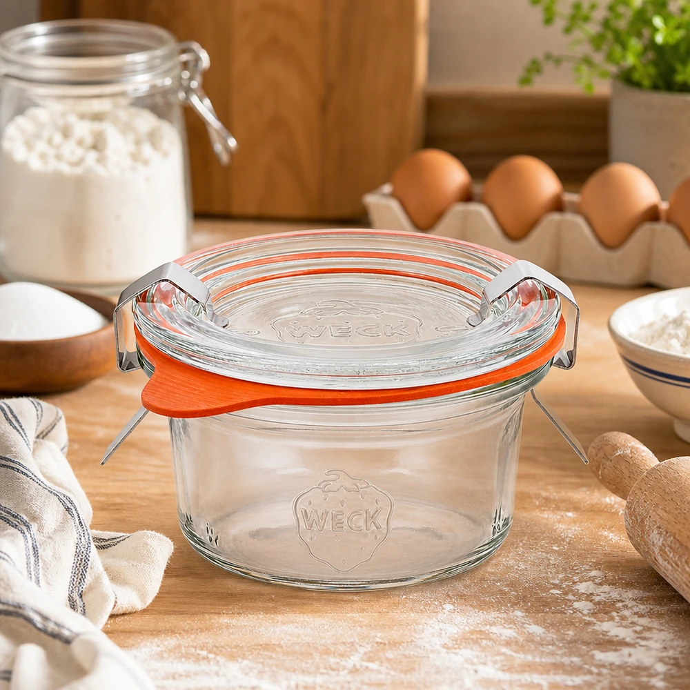 WECK Pot de 50 ml RR60 sur plan de travail en bois dans une ambiance de pâtisserie avec farine, œufs et ingrédients de cuisson comme scène de cuisine