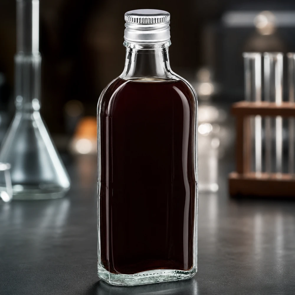 Flacon rectangulaire en verre transparent de 100 ml, de type « Meplat », muni d'un bouchon en aluminium argenté PP22, destiné à un usage en laboratoire