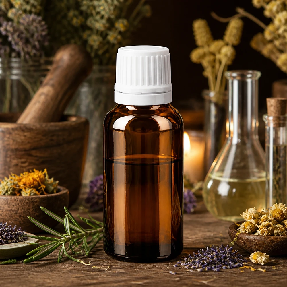 Flacon ApoGlas brun de 20 ml avec compte-gouttes de précision de 0,7 mm, destiné à la naturopathie et à l'aromathérapie
