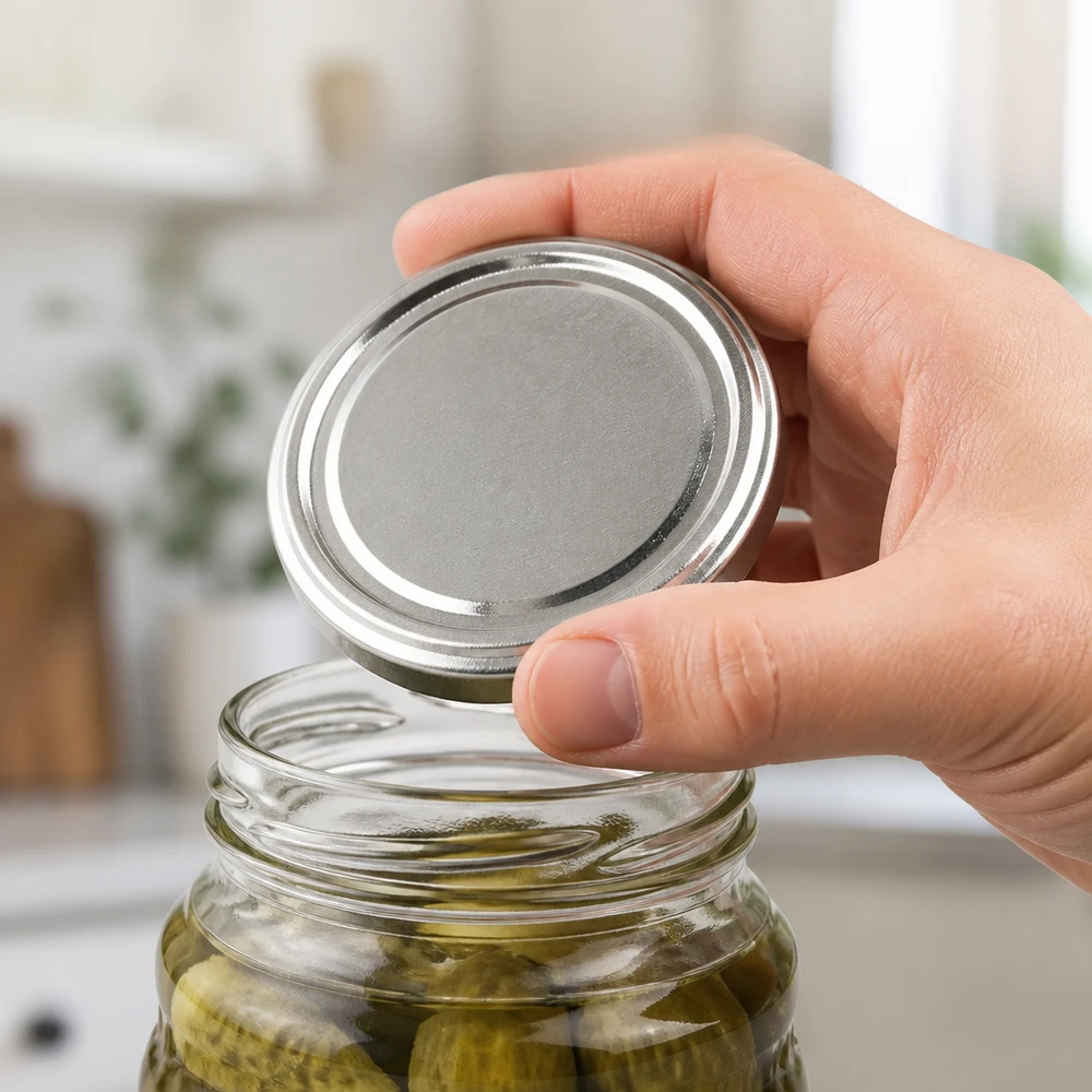 Une main pose un couvercle BasicSeal rond en argent de 58 mm sur un bocal contenant des cornichons