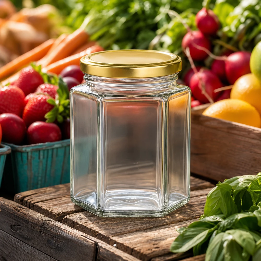 Pot de miel BasicSeal de 250g vide avec couvercle doré sur planche de bois rustique entourée de légumes et de fruits frais