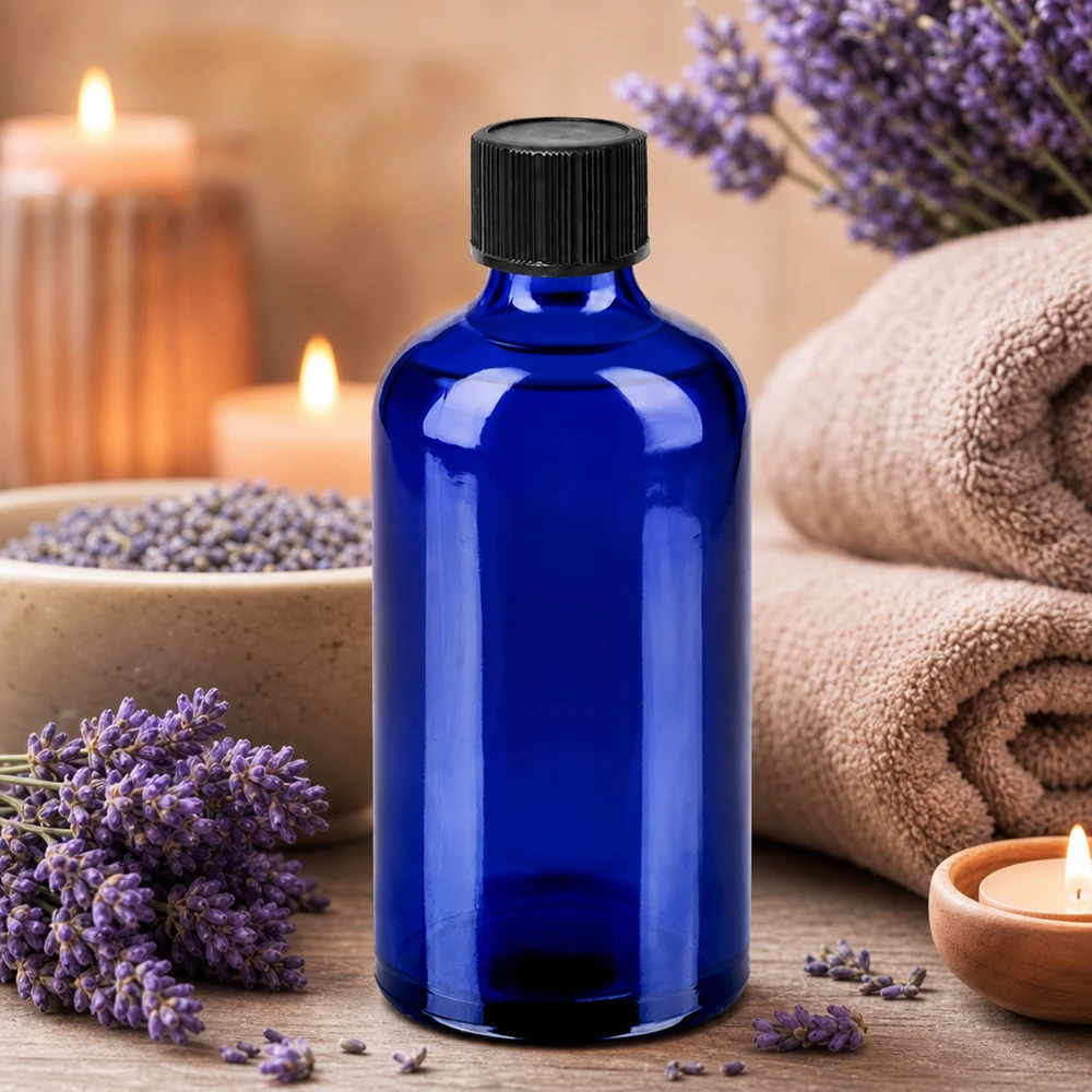 100ml compte-gouttes. 1mm noir STD BlueLine UT18/100 Bouteille de pharmacie 100ml en bleu cobalt avec bouchon compte-gouttes noir pour l'aromathérapie et le bien-être
