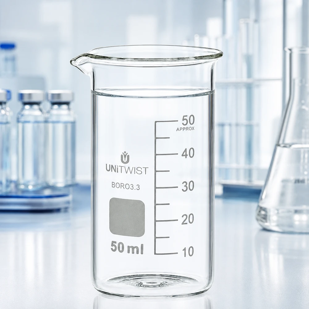Verre à mesure transparent de 50 ml, modèle haut, UNITWIST Boro3.3, destiné aux laboratoires professionnels