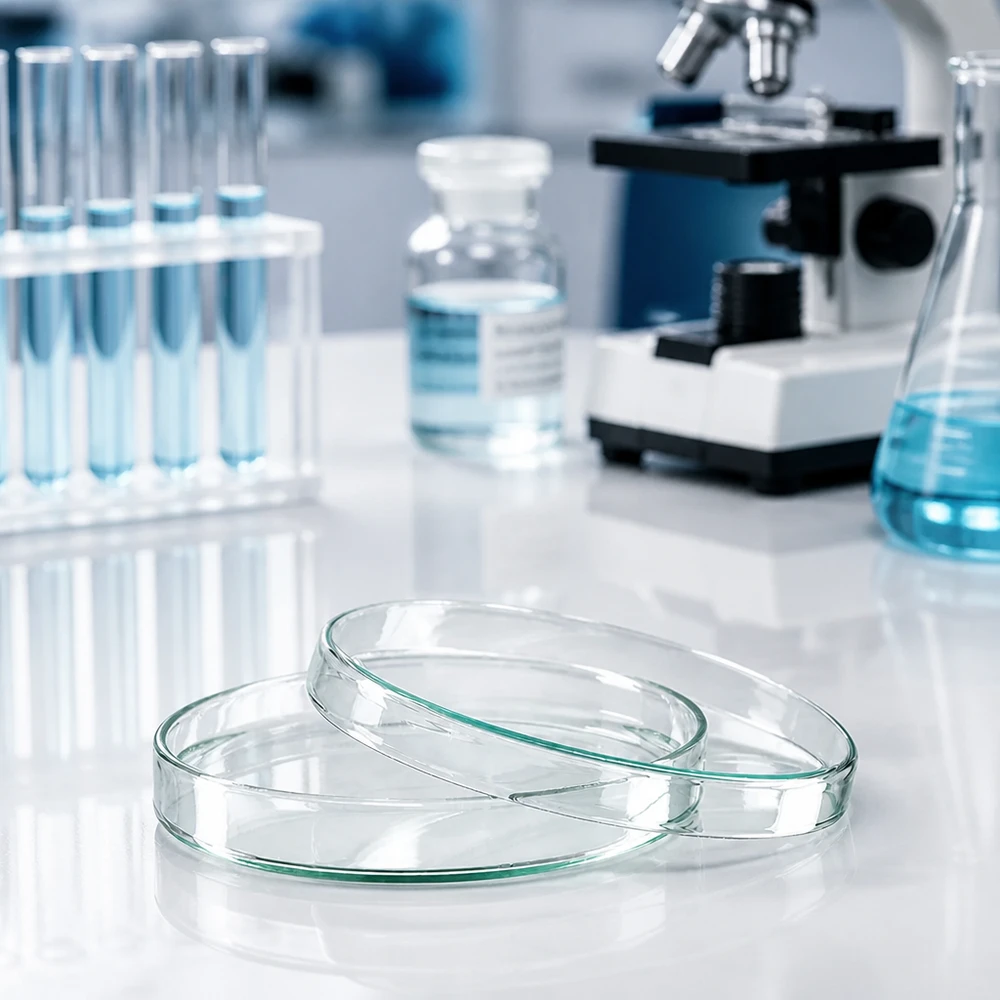 Trois boîtes de Pétri en verre transparent de 120 x 20 mm, empilées les unes sur les autres, sur un plan de travail blanc de laboratoire