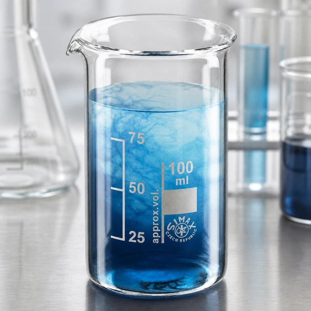 Bécher 100ml en verre borosilicate résistant à la chaleur (forme haute) Verre à bec de forme haute, 100 ml, contenant un liquide bleu qui se mélange et formant un motif tourbillonnant