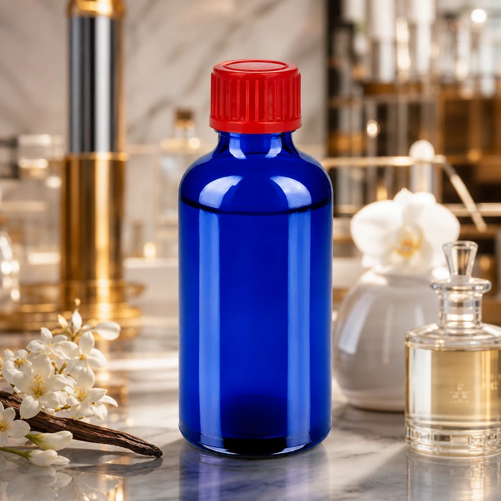 Flacon de 50ml 11mm SV rouge STD BlueLine UT18/50 Bouteille en verre UT18/50 de 50 ml avec protection contre les UV grâce à un verre bleu et un bouchon rouge anti-fuite