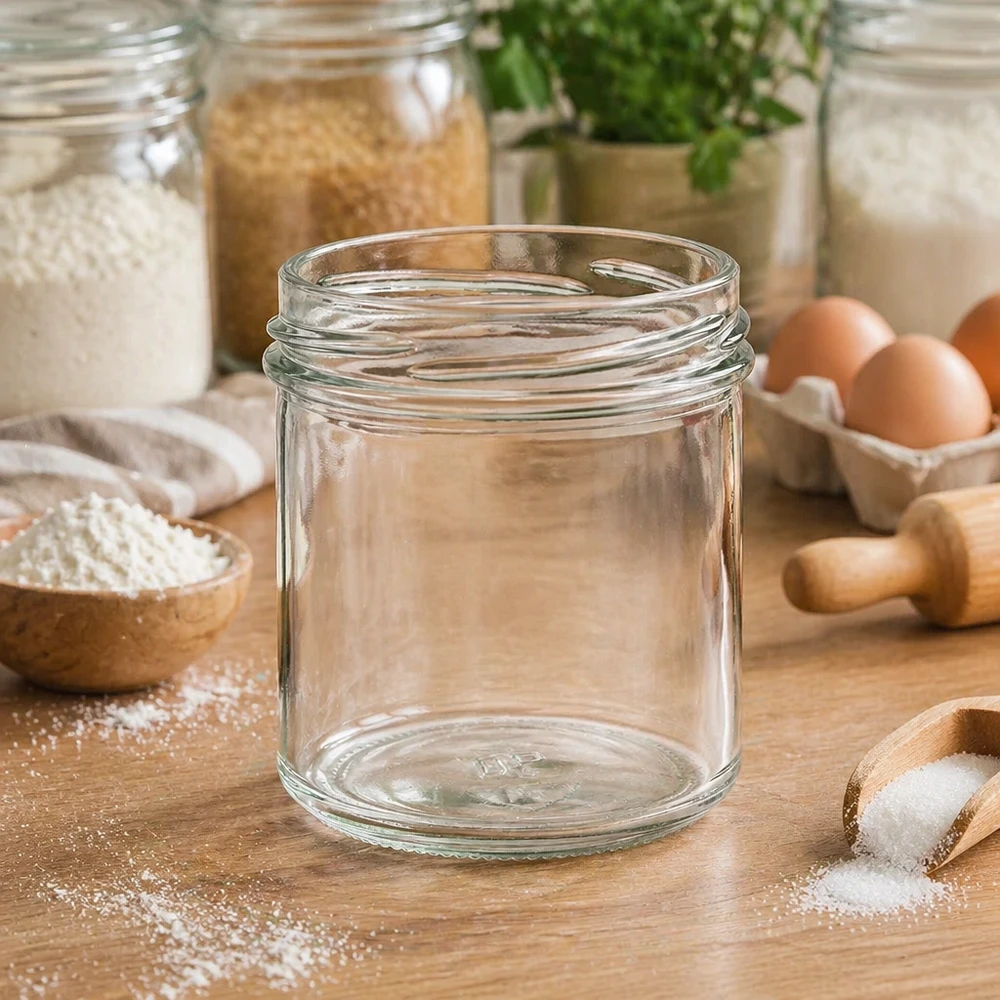 167ml Verre conique sans couvercle (TO66) UNiTWIST Verre renversé vide 167ml TO66 UNiTWIST sur table en bois avec ustensiles de cuisine et ingrédients en arrière-plan
