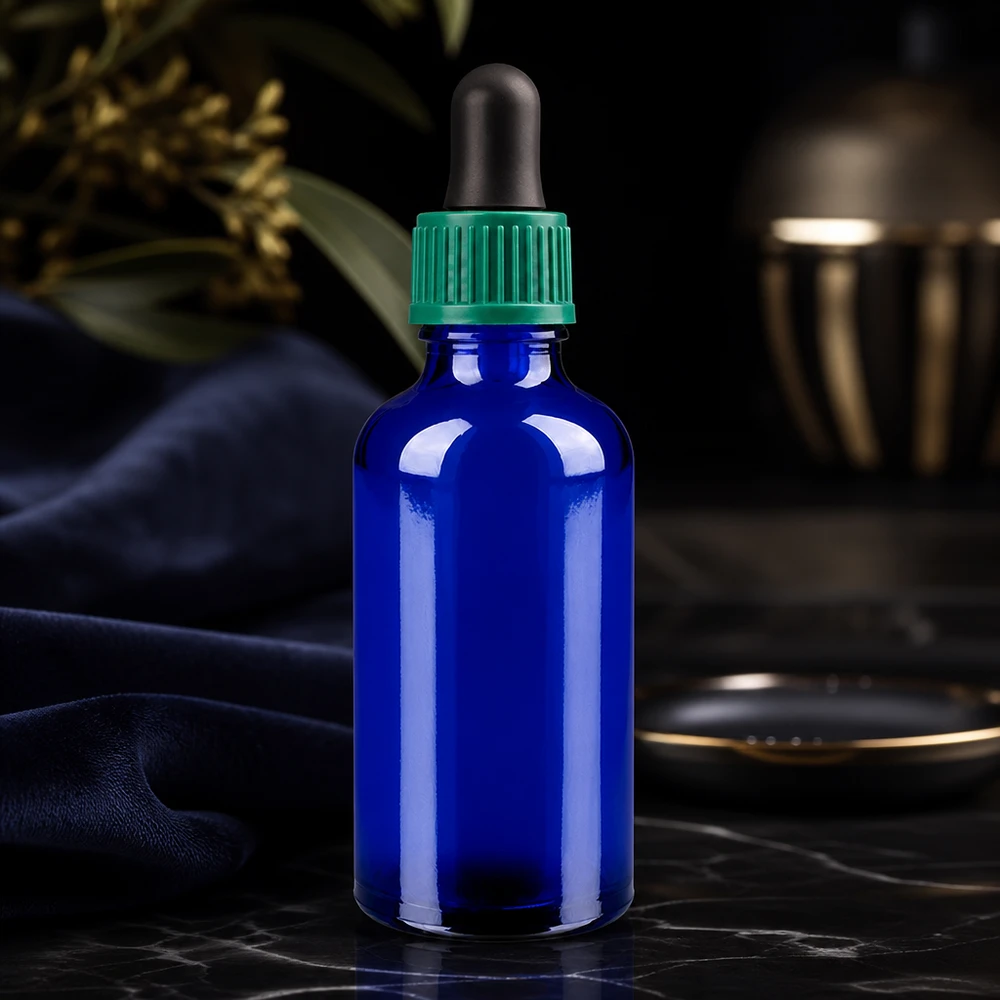 Flacon compte-goutte 50ml 0.8mm vert STD BlueLine UT18/50 Flacon de pharmacie 50ml en verre bleu anti-UV avec bouchon pipette