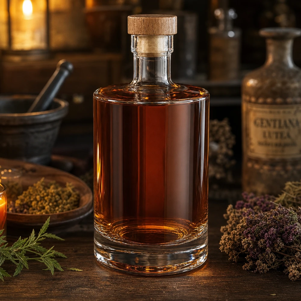 Bouteille en verre 500 ml « 500ml Glasflasche "Marie" mit Holzgriff-Korken UNiTWIST » avec bouchon en bois UNiTWIST® 500ml Glasflasche Marie gefüllt mit bernsteinfarbener Flüssigkeit in rustikaler Küche mit Kräutern und Gewürzen