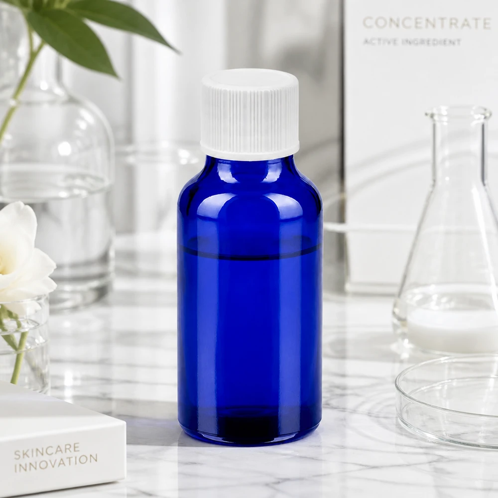 Flacon 20ml 11mm SV blanc STD BlueLine UT18/20 Bouteille en verre de haute qualité de 20ml d'un bleu élégant avec un couvercle blanc pour l'innovation Skincare