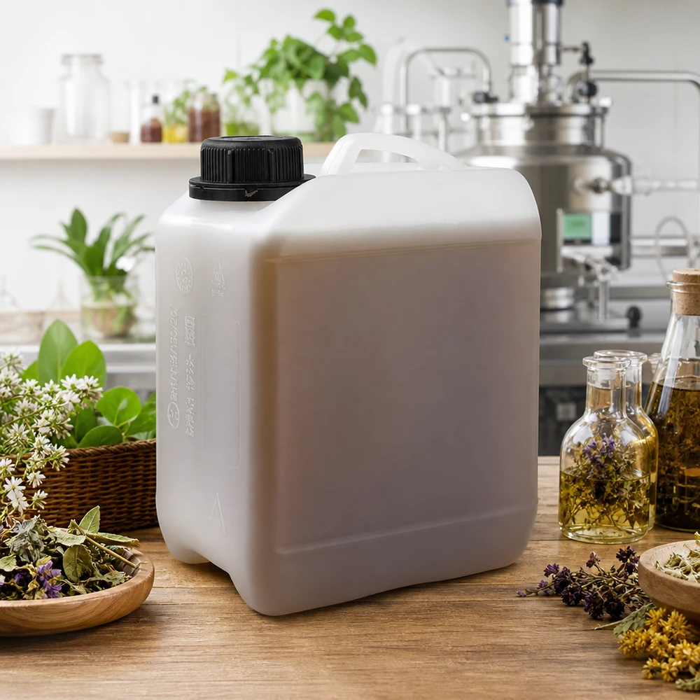 Bidon rectangulaire en PEHD de 2,5 L avec un couvercle noir, à côté d'un alambic et de plantes médicinales